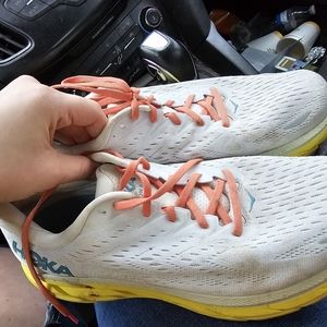 Hoka Clifton 8s. Men's 10.5w, white, yellow sole, peach and teal details